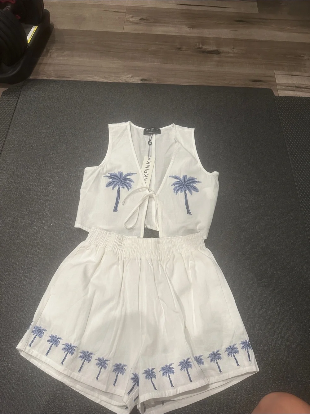 MINKPINK White High Waist Shorts Set with Blue Palm Embroidery - Picture 1 of 8